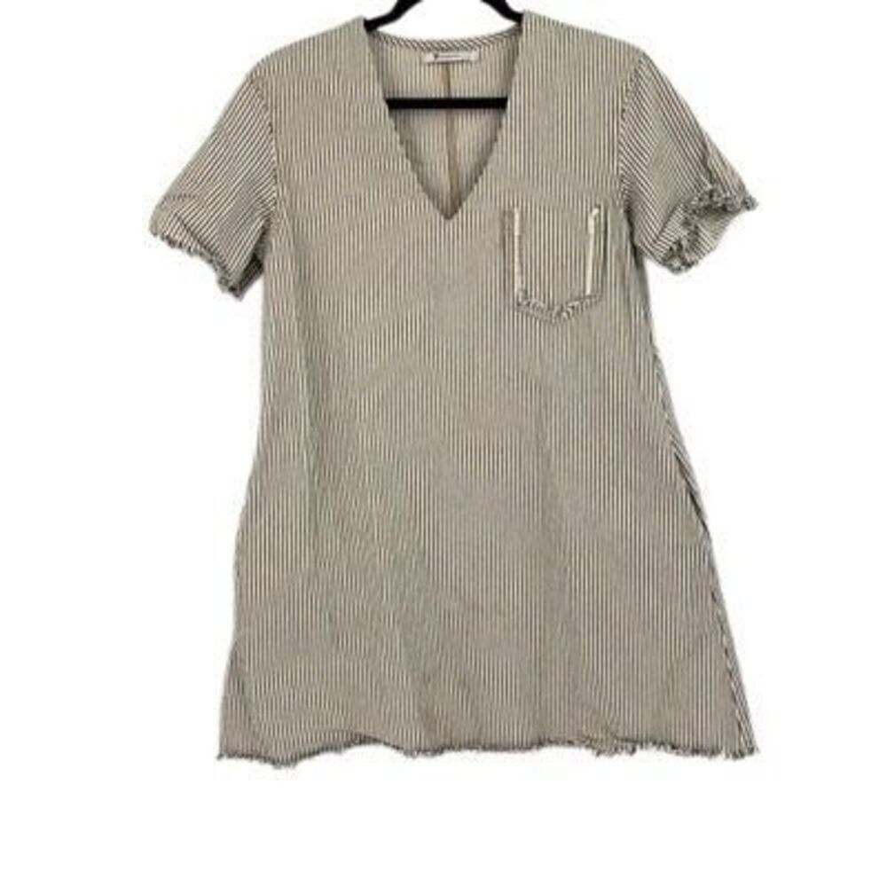 Alexander Wang Beige Black Striped Short Sleeve Fringe Mini Dress Size 4